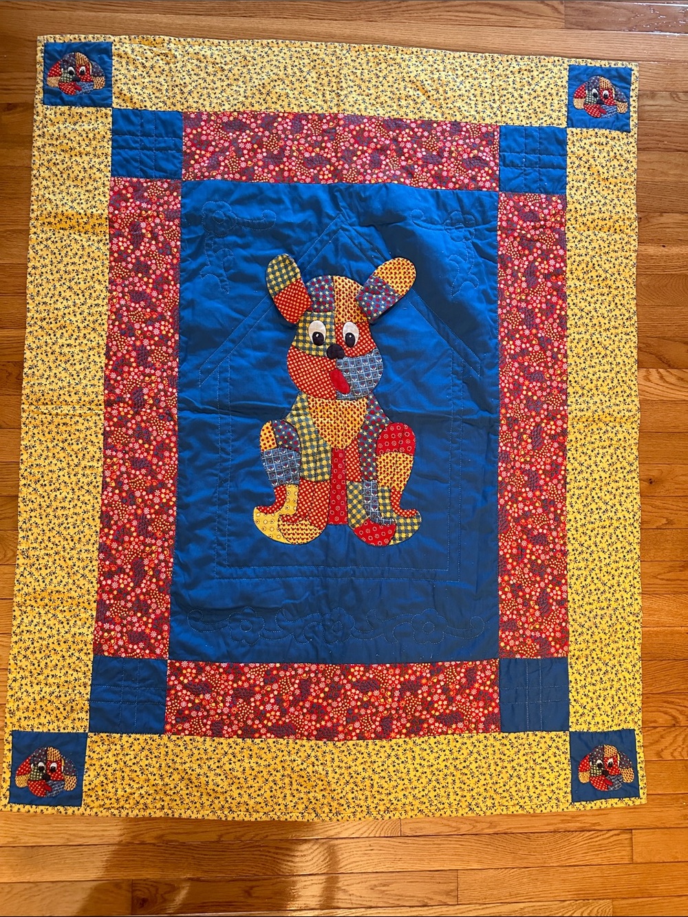 1960s handmade calico dog baby, toddler quilt primary colors, dog bone stitching